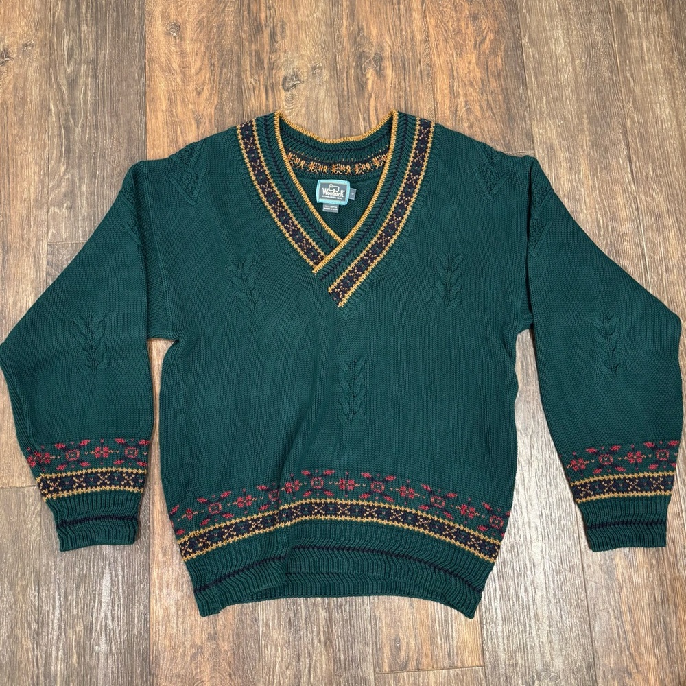 Vtg Woolrich Mens Large Green Knit Preppy Cable Aztec Tennis Sweater USA Grandpa